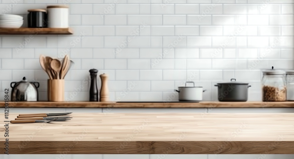 Wall mural A modern kitchen interior featuring a wooden countertop, stylish utensils, and minimalist decor. Perfect for showcasing culinary creativity and inviting meal preparation.