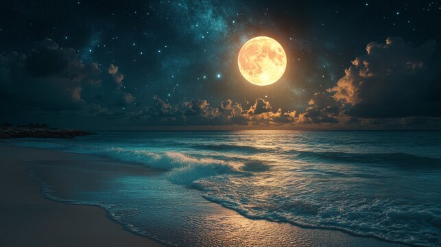Beautiful fantasy tropical beach with full moon in the night sky