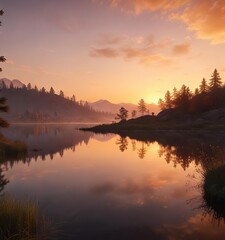 Obraz premium Softly glowing orange hues in the background of a serene lake scene at dusk, sunset glow, gentle colors, calming scene