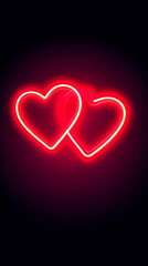 two heart , glowing neon red and dark background,