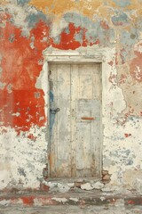 Weathered Wooden Door with Peeling Paint in an Abandoned Building