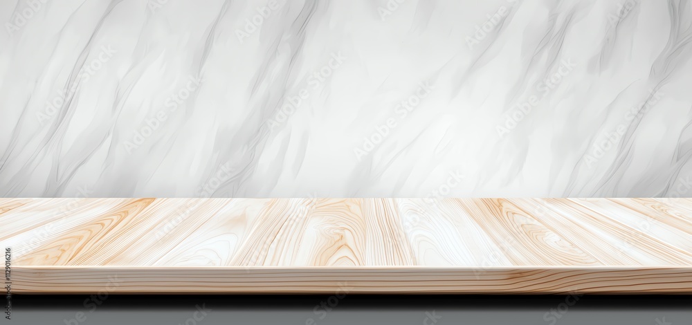 Poster a clean and modern wooden countertop against a marble wall, perfect for displaying products or creat