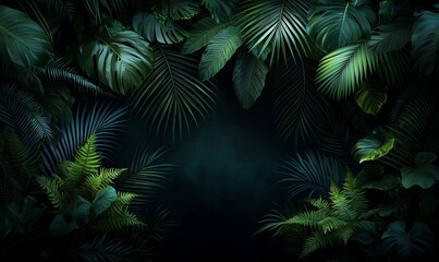 A lush green background featuring a variety of tropical leaves, creating a serene and captivating atmosphere ideal for nature-themed designs or projects.