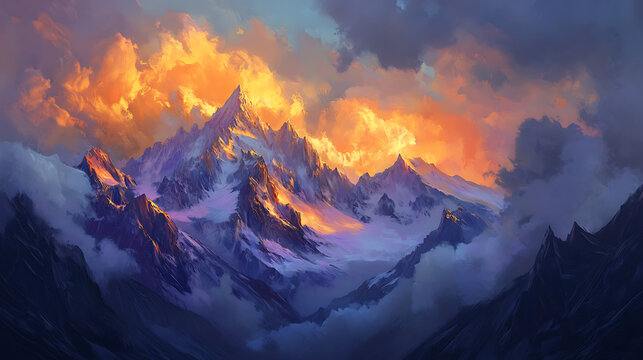  A dramatic storm rolling over snow-capped peaks, with sunlight breaking through dark clouds 