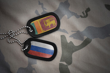 vintage army blank, dog tag with flag of sri lanka and russia on the khaki texture background....