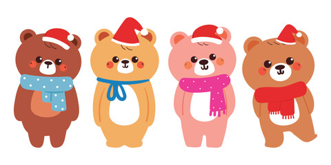 hand drawing cartoon bear with santa hat sticker set. cute animal drawing, doodle set for winter, christmas