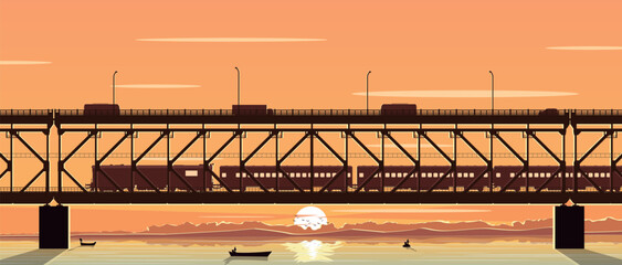 Godavari - Sunset over the Godavari river beautiful view, Godavari river with train on bridge background vector banner 