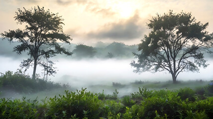 Nature's Morning Glory, Fog, Greenery, and Sunrise