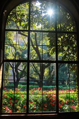 Peaceful Garden View Through Arched Window