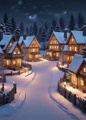 Fototapeta premium A beautifully decorated Christmas village with snow-covered houses and trees, festive buildings, holiday decor