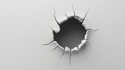 hole on a white cracked wall.
