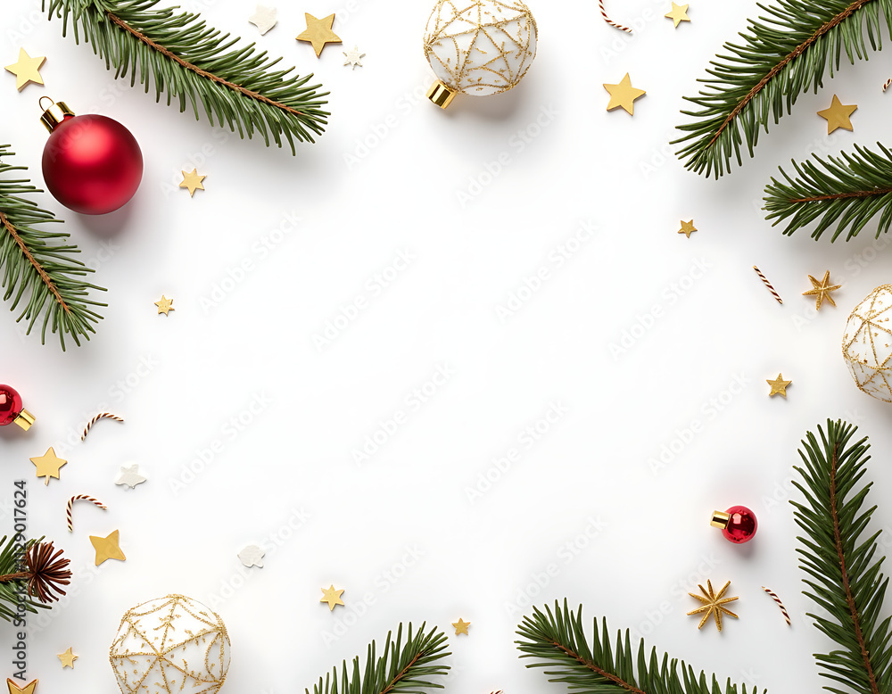 Poster flat lay christmas ornament composition featuring a pine cone on a copy space background for winter 