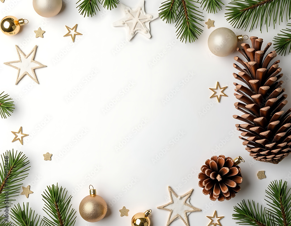Poster flat lay christmas ornament composition featuring a pine cone on a copy space background for winter 