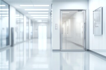 A vast, modern hallway featuring sleek, luminous walls and a glass elevator, symbolizing innovation and contemporary design in a professional setting.
