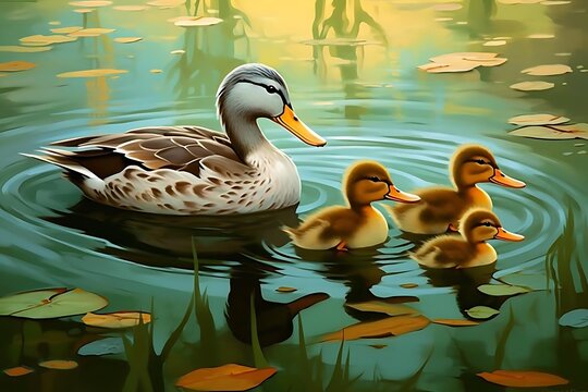 Mother duck and three ducklings swimming peacefully on a calm pond at sunset.
