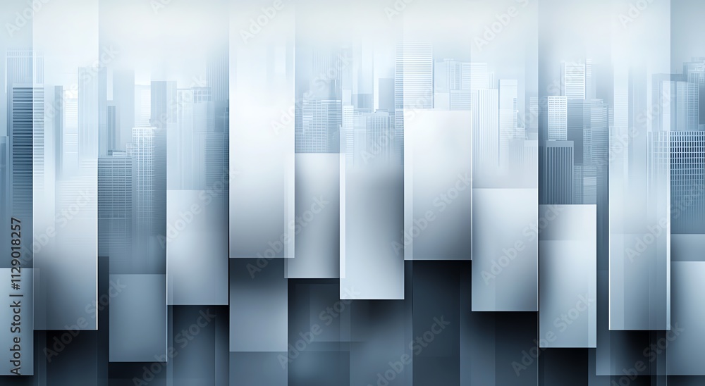 Poster an abstract composition featuring vertical and horizontal panels in various shades of blue and grey,