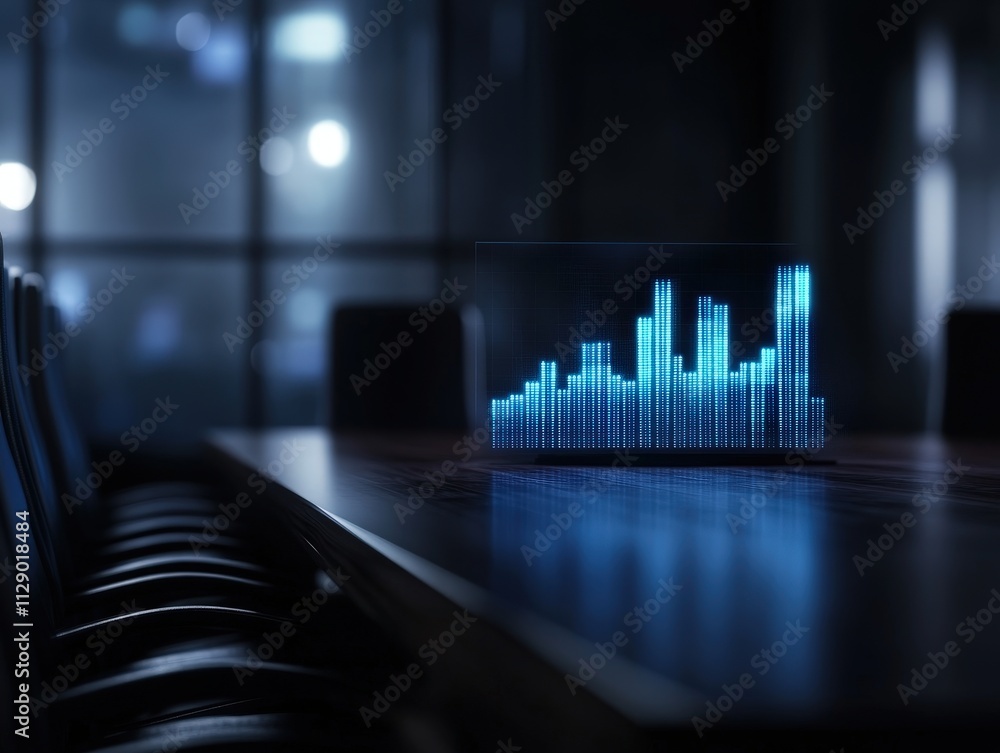 Poster a futuristic conference room with a glowing holographic bar chart displayed on a table, symbolizing 