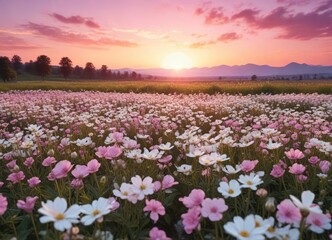 Obraz premium A beautiful pink sunset over a field of white flowers, landscape, horizon