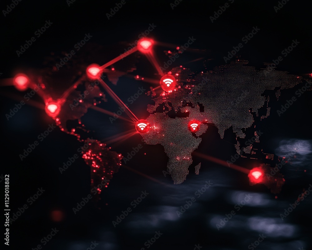 Poster a digital world map with interconnected nodes, illuminated in red, symbolizing global connectivity a