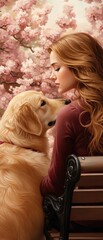 A young woman sitting on a park bench with her golden retriever, surrounded by blooming flowers