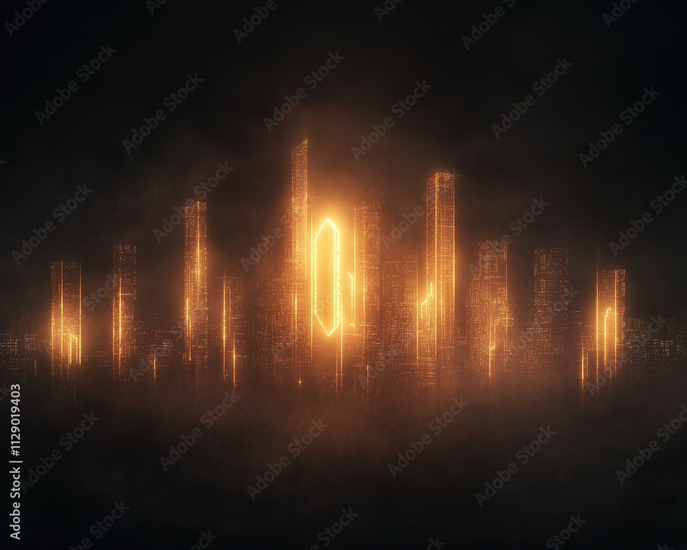 Poster a glowing skyline emerges from a dark backdrop, with tall structures illuminated in vibrant orange, 