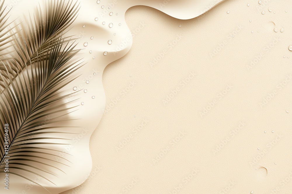 Poster this serene image features a subtle background with a palm leaf and gentle water droplets, creating 