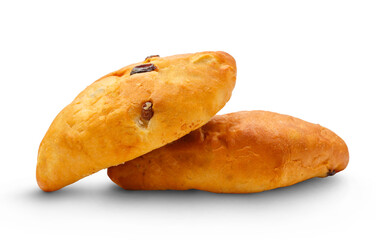 Two raisin buns on white background