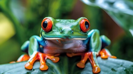 Fototapeta premium Vibrant red-eyed tree frog perched on a lush green leaf.
