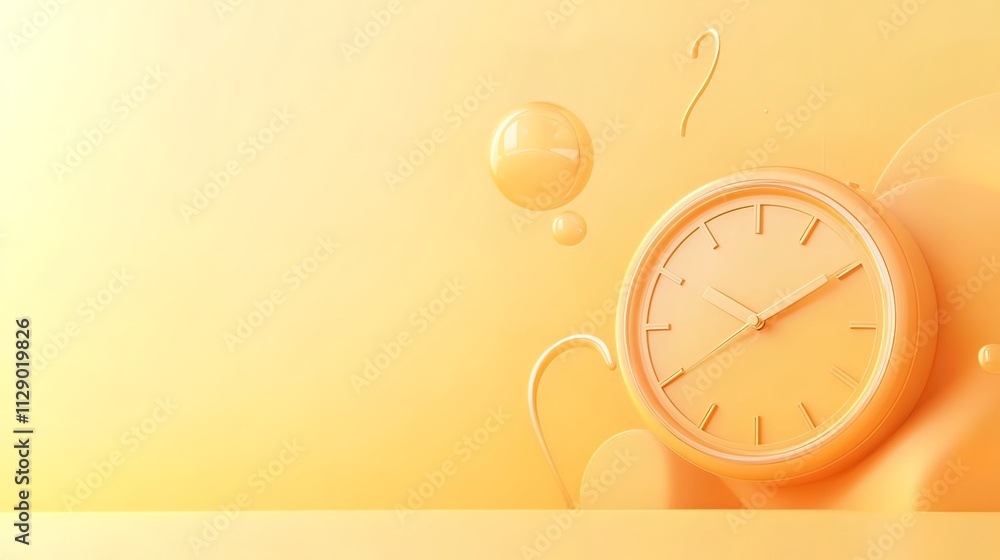 Poster pastel yellow clock with abstract shapes and question mark.