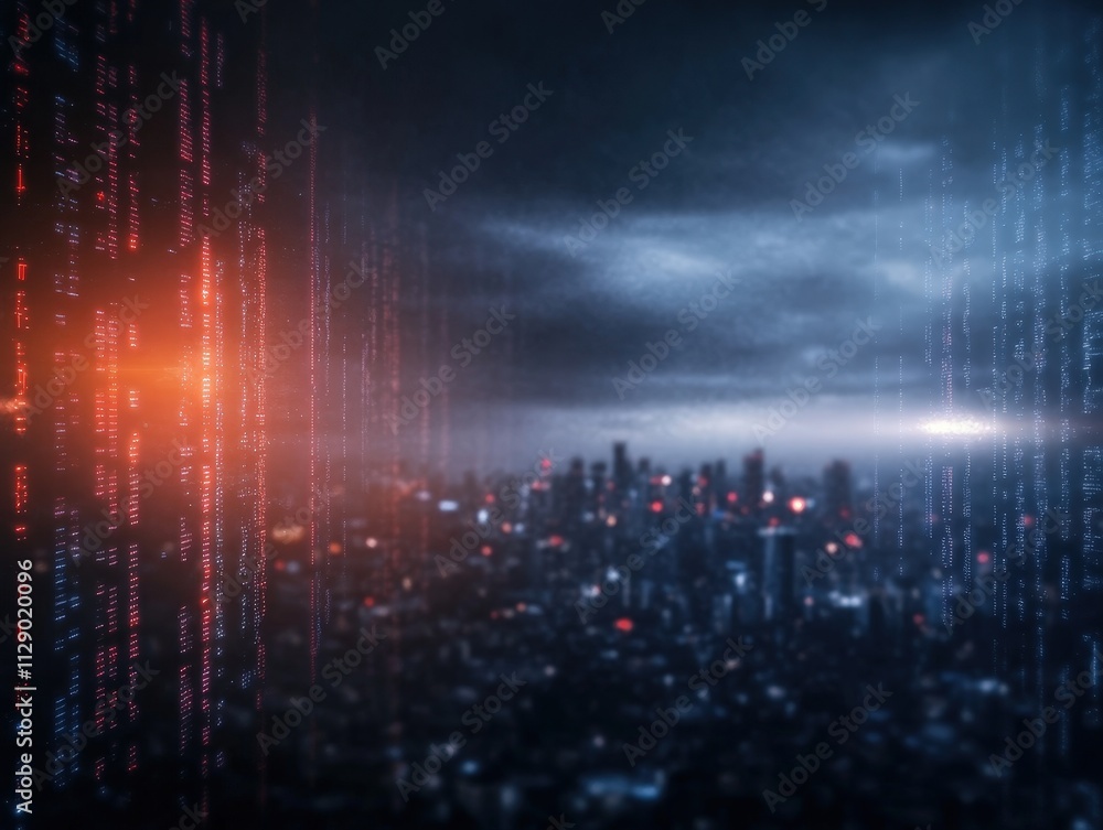 Poster a futuristic cityscape illuminated by digital data streams against a moody sky, blending technology 
