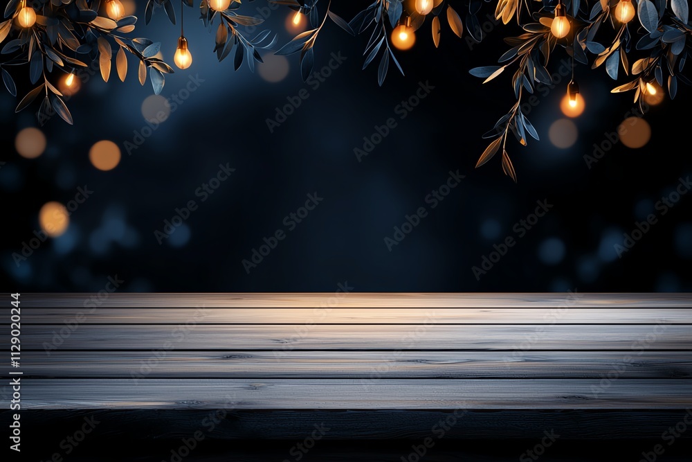 Poster a beautifully lit wooden table background with soft glowing lights and shadows. ideal for showcasing
