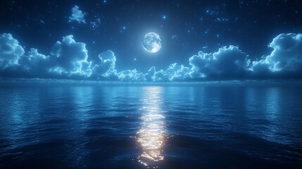 calm blue sea with night Sky with blue moon in clouds