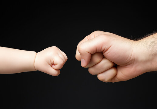 Baby&rsquo;s tiny fist bumping an adult&rsquo;s hand against a black background, symbolizing love, connection, and strength.