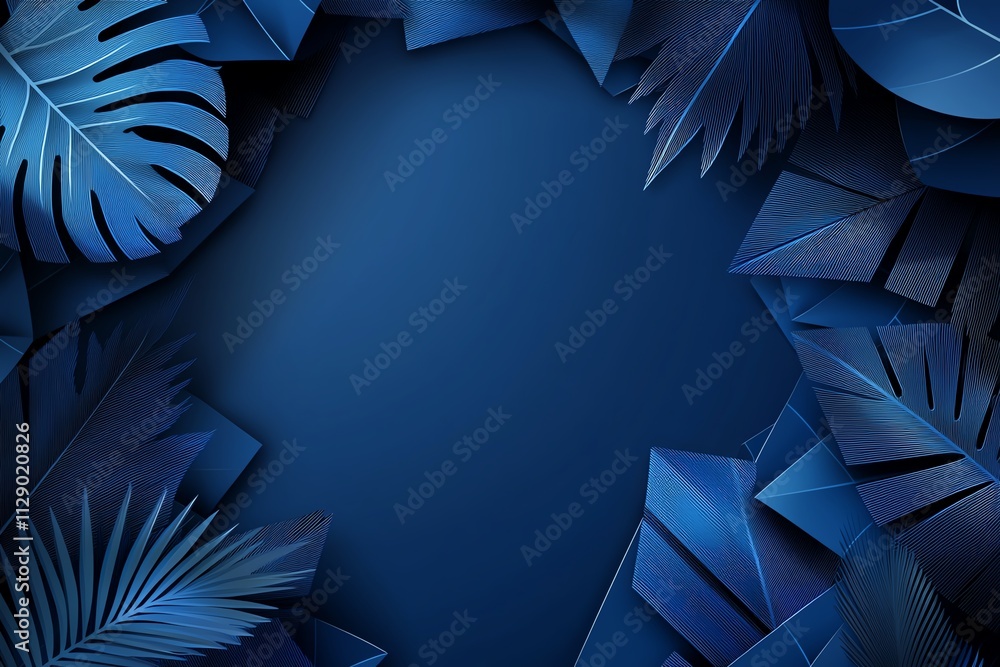 Poster an elegant blue background adorned with various tropical leaves, perfect for creating a tranquil and