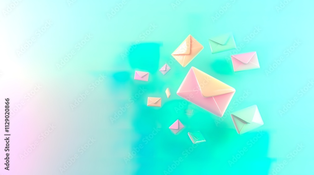 Poster pastel-colored envelopes floating on a vibrant background, symbolizing communication and messages.