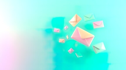 Pastel-colored envelopes floating on a vibrant background, symbolizing communication and messages.