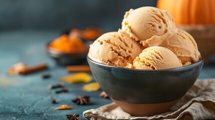 A pumpkin spice ice cream bowl isolated on a earthen surface
