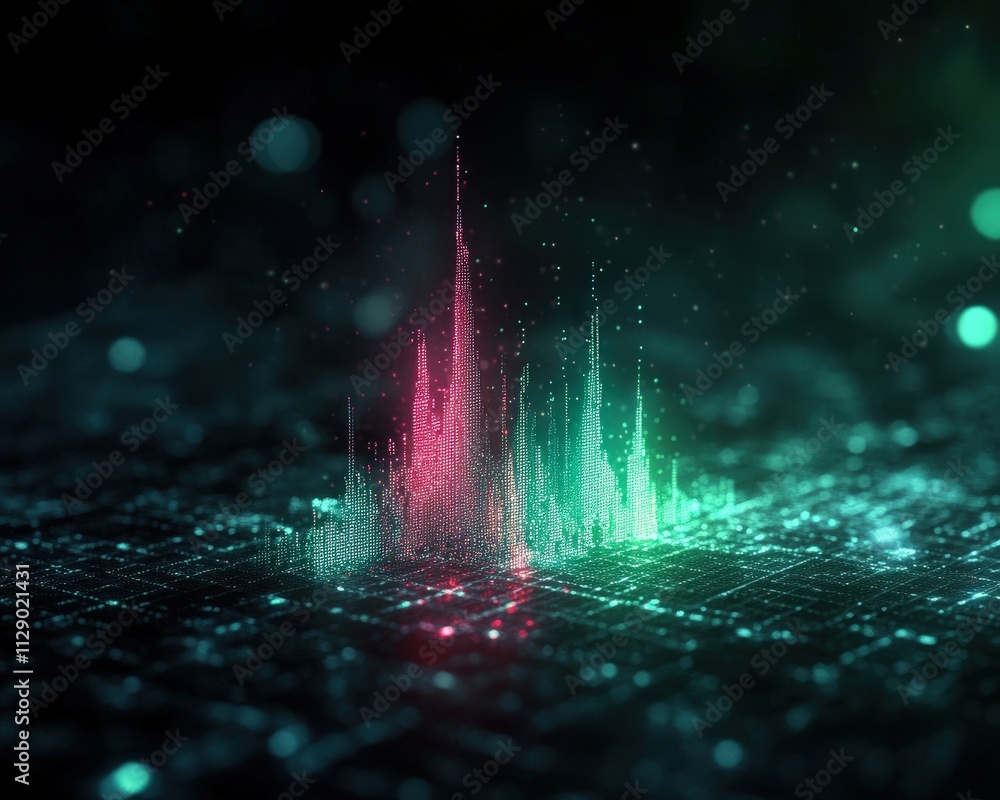 Poster a digital visualization of data represented by vibrant green and red waveforms against a dark, grid-