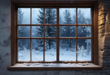 a frosty window with snowflakes falling outside, frozen glass, peaceful moment, snowfall view