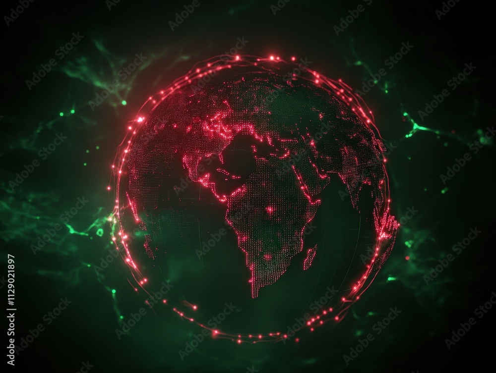 Poster a digital representation of the earth, showcasing a grid pattern with glowing red and green elements
