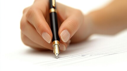 Elegant Handwriting: A Close-Up of a Woman's Hand Gracefully Using a Fountain Pen on White Paper