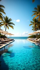 Outdoor tourism landscape. Luxury beach resort with swimming pool and sun loungers or umbrellas with palm trees and blue sky
