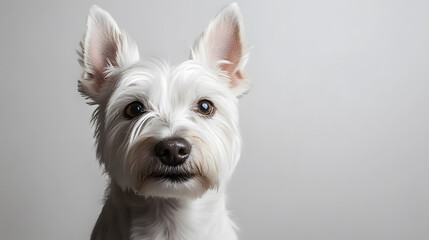 A West Highland Terrier sitting in front of a white studio background.