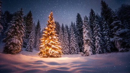 A christmas tree glowing in a snowy forest.