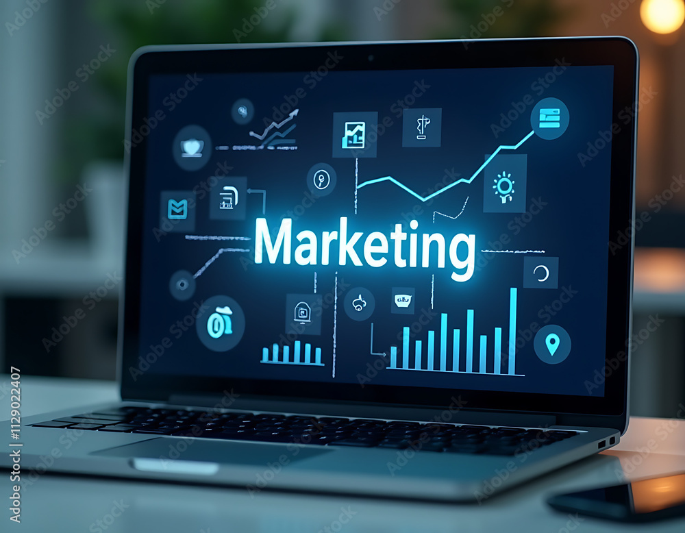 Poster digital marketing concepts are displayed on a laptop screen with a graph chart background illustrati