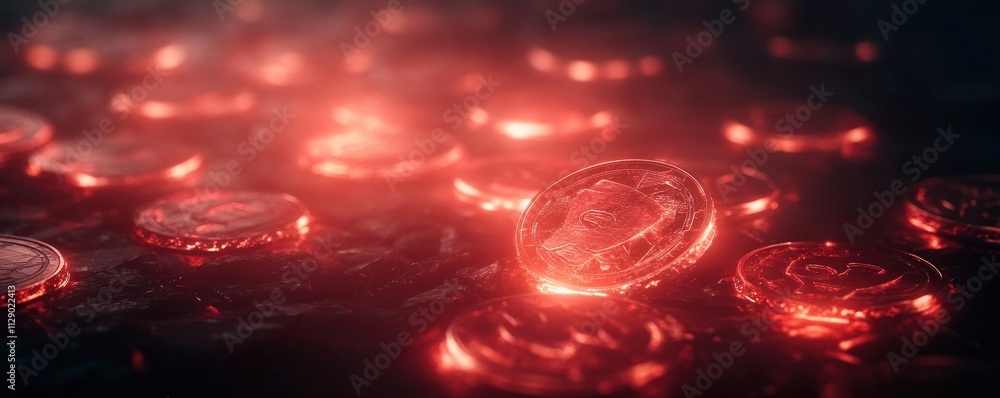 Poster a glowing collection of red coins on a dark surface, creating a mysterious and captivating atmospher
