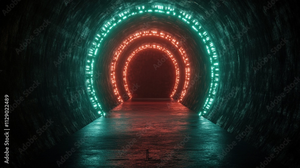 Poster a captivating tunnel illuminated by red and green lights, creating a mystical and vibrant atmosphere