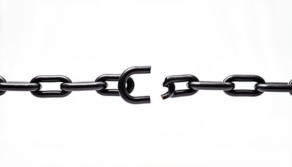 Obraz premium Broken Chain Link Symbolizing Weakness, Failure, or Breakage in a Continuous Process or Connection. Close-Up of a Severed Metal Chain on a White Background