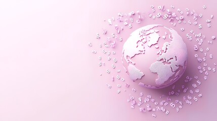 Pink globe surrounded by numbers on pink background.