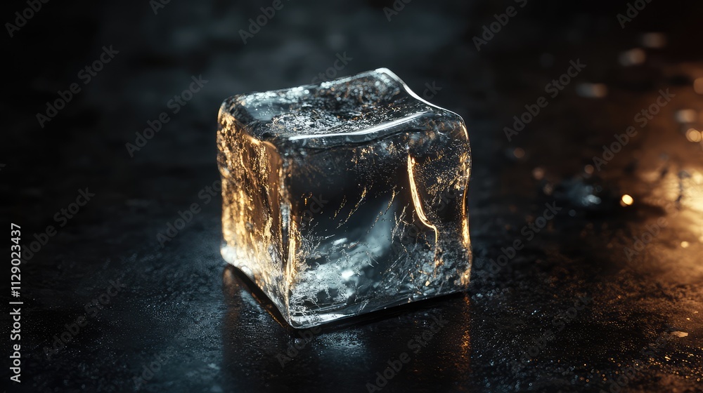 Poster a single cracked ice cube with frosty edges, placed on a black surface and illuminated to showcase i